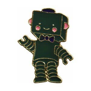 Green Robot Enamel Pin - Blue Bow Tie Cute Funny Novelty Sci Fi Apparel Gift NWT